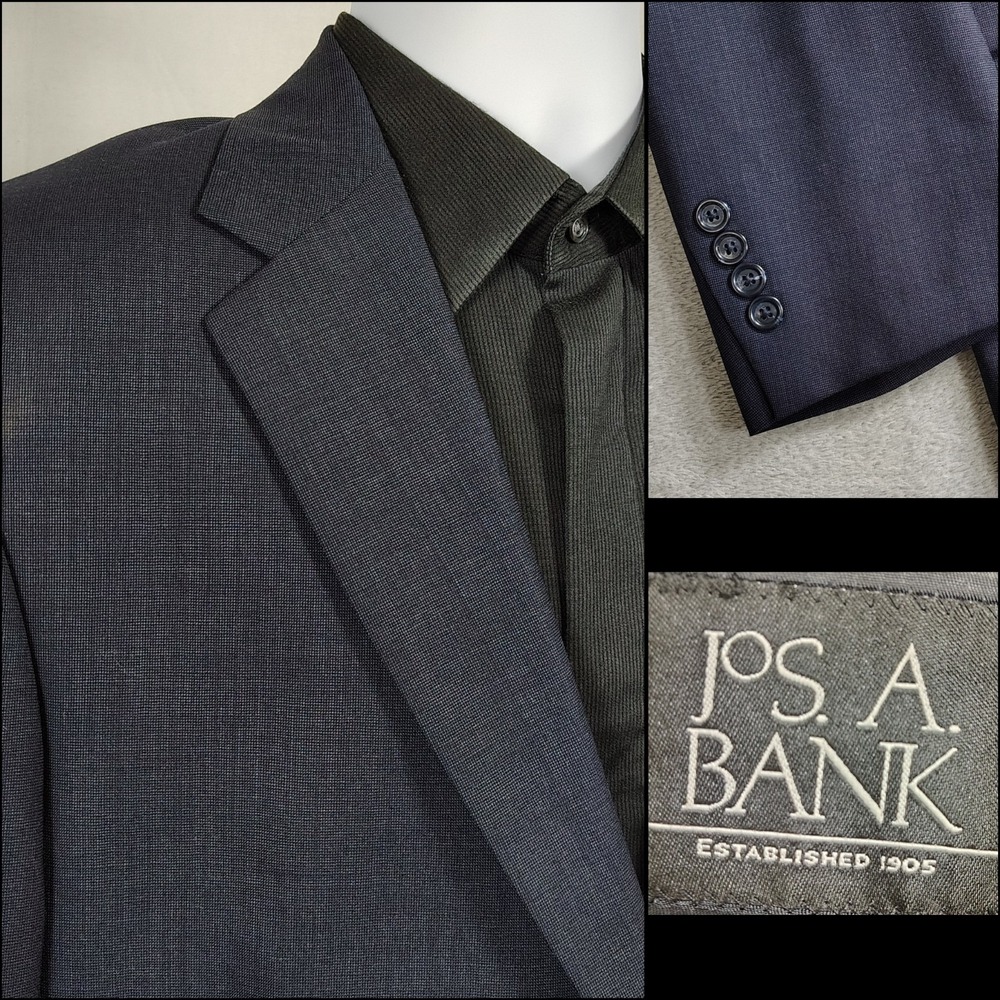 JOS A BANK Mens Sport Coat Blazer Jacket Two Button Navy Blue Sharkskin Wool 42L
